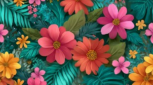 热带花卉绿叶缤纷图案