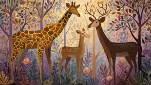 森林中的长颈鹿与小鹿