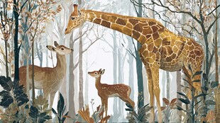 森林中长颈鹿与鹿的温馨画面