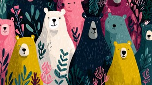 多彩萌熊置身繁茂植物间