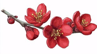 鲜艳红梅花枝插画图