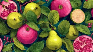 多彩水果与绿叶的清新组合