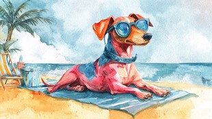 海滩上戴墨镜的酷炫狗狗