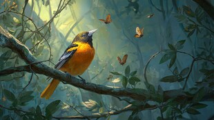 枝头鸣鸟伴蝶舞的奇幻景