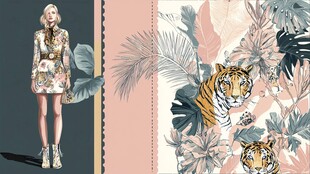 时尚女郎与虎纹植物图案