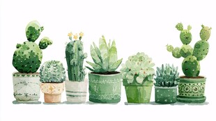 一排可爱的水彩风多肉盆栽