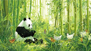 竹林中的熊猫与白鹅