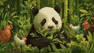 熊猫竹林中与鸡和谐共处