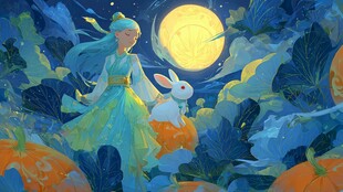 月夜下的少女与白兔