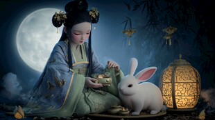 月夜汉服少女与白兔