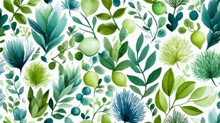 清新绿叶花卉水彩无缝图案