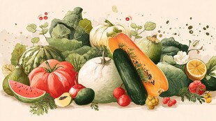 多彩新鲜蔬菜与水果组合