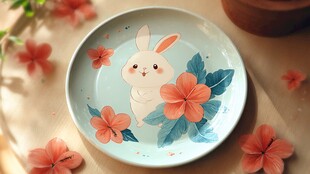 手绘兔子花卉图案陶瓷盘