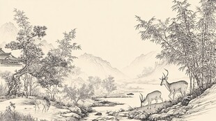 中式山水间的鹿与景致
