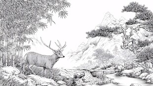 鹿栖山林间水墨画意境