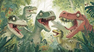 丛林中吼叫的多彩恐龙群