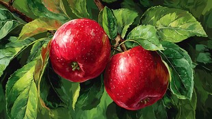 枝头双红苹果绿叶相伴