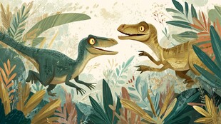 丛林中嬉戏的两只可爱恐龙