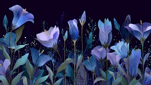 梦幻蓝紫色花卉夜景图