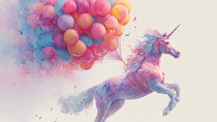 梦幻独角兽携多彩气球飞舞