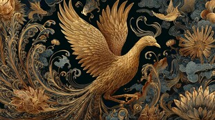 金色凤凰与繁花奇幻图景