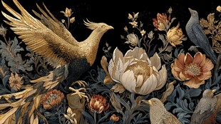 金色凤凰与繁花飞鸟图景