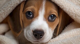 小狗躲在毛毯下好奇张望