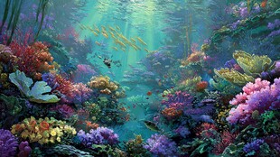 梦幻海底珊瑚与鱼群景观