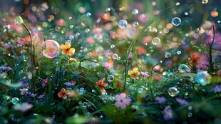 梦幻花丛中的彩色泡泡