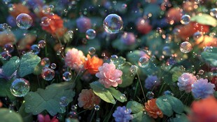 梦幻花丛中的彩色泡泡