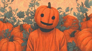 南瓜装扮者置身南瓜丛中