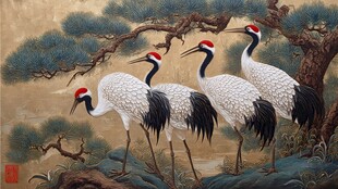 松鹤图中四鹤栖于松旁