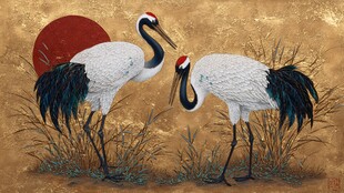 双鹤图 红日下的优雅仙禽