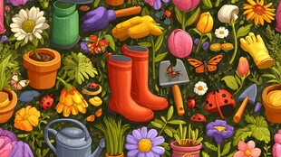 缤纷园艺工具与花卉图景