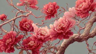 艳丽牡丹绽于古朴枝头