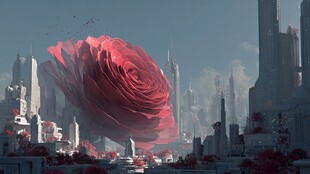 巨型玫瑰绽放在未来都市