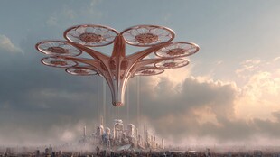 未来悬浮飞行器与城市景观