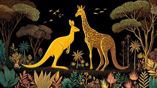 夜晚丛林中的袋鼠与长颈鹿