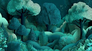 梦幻蓝绿森林插画景观