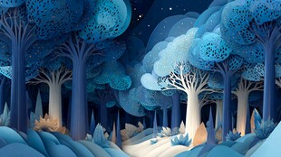 梦幻蓝调森林夜景插画