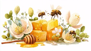 蜂蜜花朵与忙碌的蜜蜂