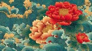 牡丹绽于海浪中式画卷