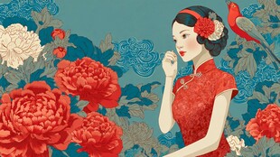 复古旗袍女子与繁花飞鸟