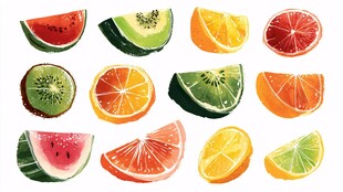 多彩水果切片水彩插画