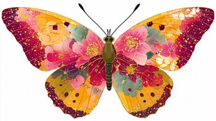 多彩花卉图案蝴蝶插画