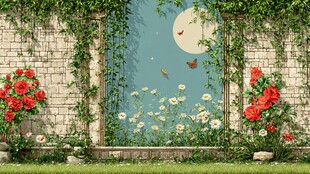 梦幻花园中的窗景与月色