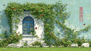 蓝墙花窗的浪漫庭院景致