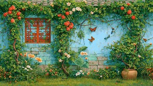 蓝色花墙 中式庭院梦幻景致