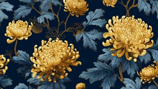 蓝底金菊中式花卉图案