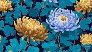 蓝底菊花叶图案装饰画